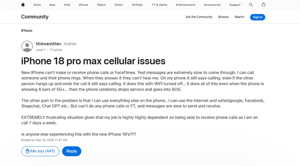 美版iPhone 18 Pro Max通信翻车:无法打电话、发短信、上网 美版iPhone 18 Pro Max通信翻车:无法打电话、发短信、上网